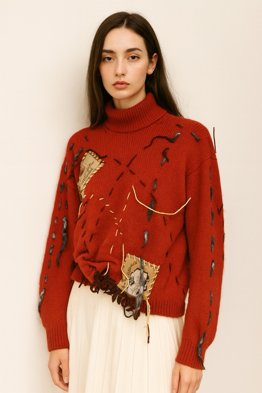 Maglione handmade rosso con patchwork e dettagli ricamati