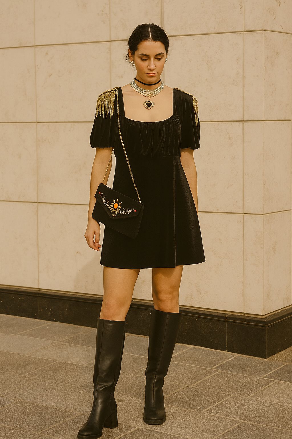 Abito in Velluto Nero con Spalline Decorate