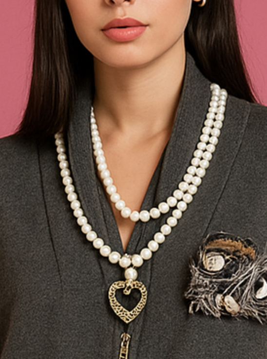 Collana lunga con perle e ciondolo cuore - immagine 3